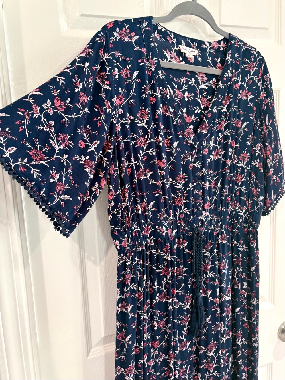 Violet Skies Boho Floral V-Neck Flowy Short Sleeve Navy Maxi Dress Women Size XL - Picture 7 of 15